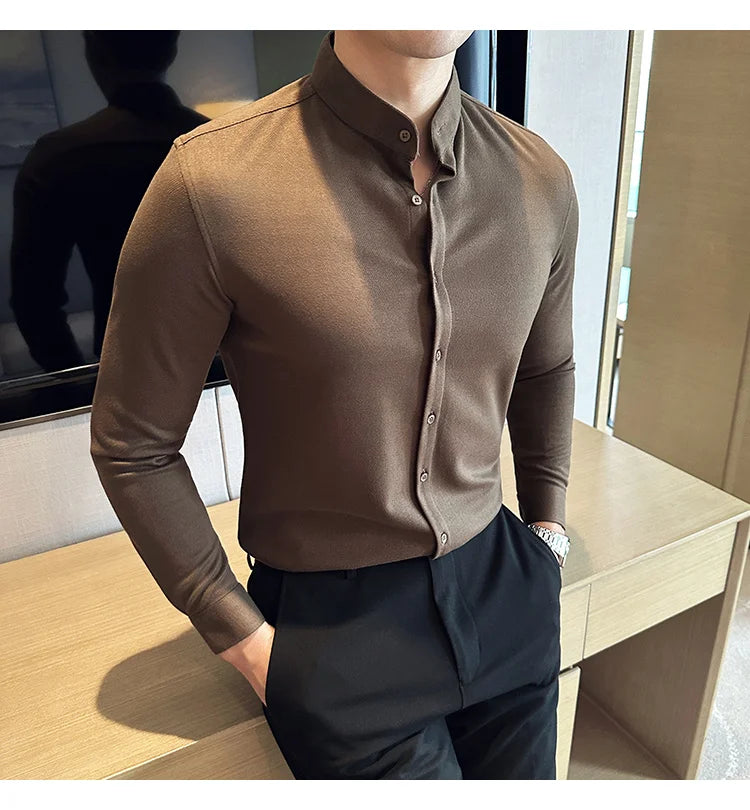 Winter Men Woolen Shirt with British Style Solid Casual Stand Up Collar Thick Warm Wool Formal Dress Shirt Fashion Men Clothing
