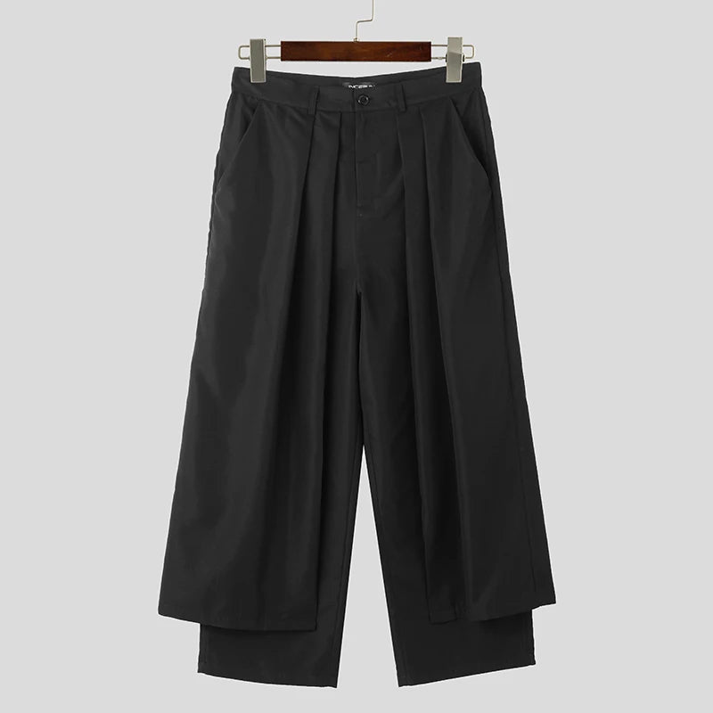 INCERUN Men Irregular Pants Solid Color Joggers Loose Button Pleated Casual Wide Leg Trousers Men Streetwear 2024 Fashion Pants