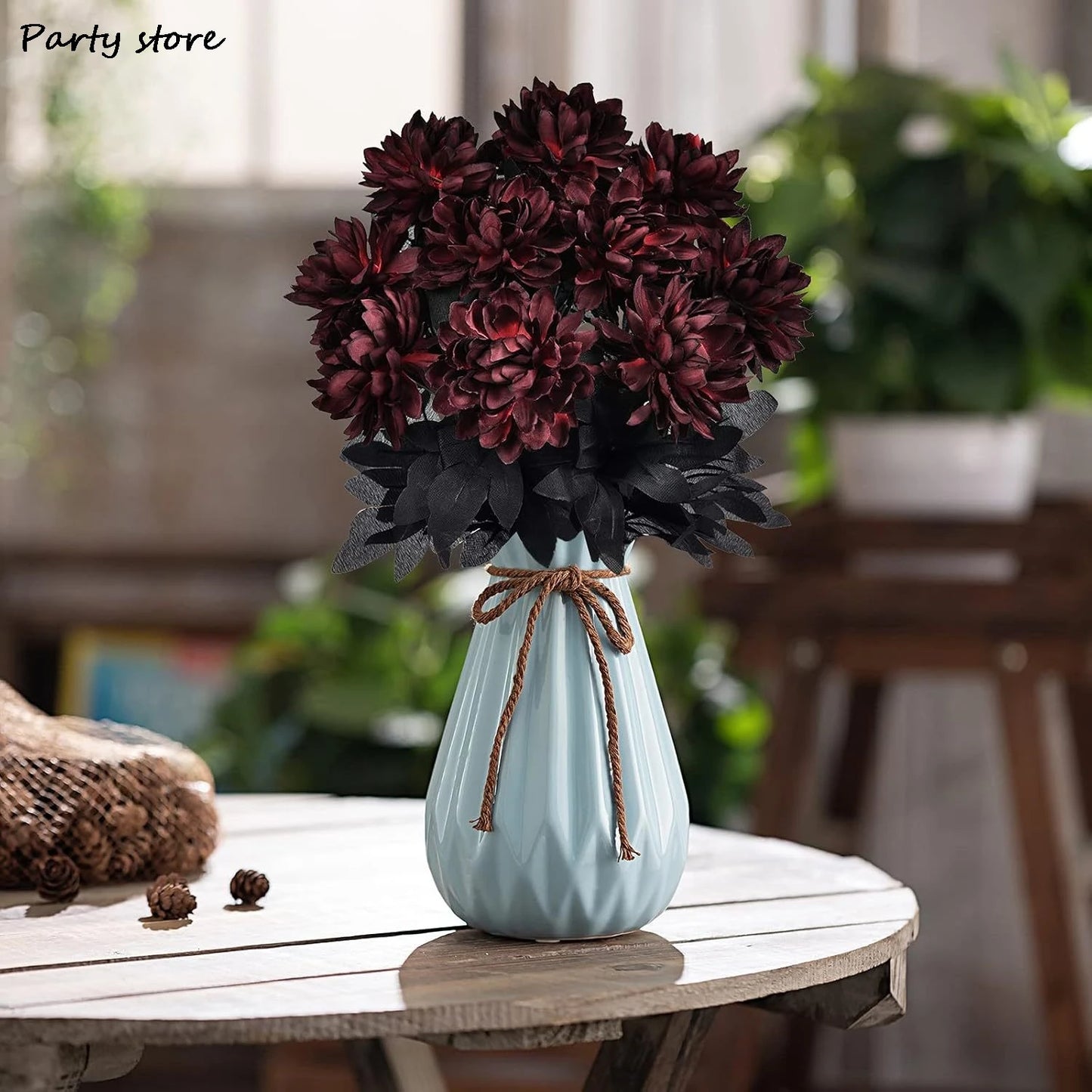 Halloween Burgundry Dahlia Black Artificial Flower Branch Wedding Flower Wall Arrangement Materials Fake Flower Table Home Decor