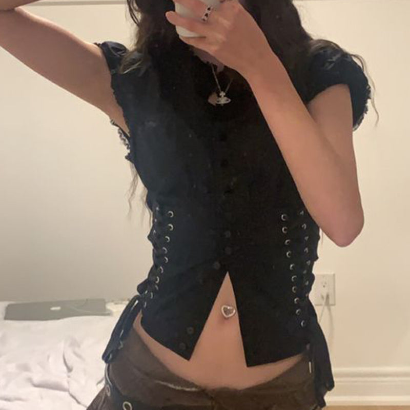 00s Retro Y2K Lace Trim Button Up Croset T-Shirt Korean Grunge Bandage Crop Top Gothic Punk Style Aesthetic Tees Women Clothes
