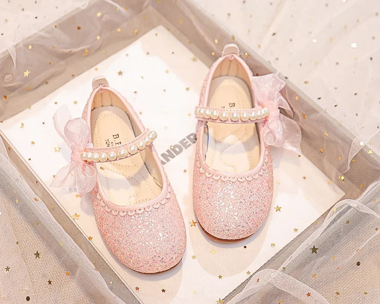 Girls Oxfords Bling Shoes Spring Autumn Kids School Dancing Shoes Pearl Beadings Big Girls Soft PU Leather Shoes Pink, Beige