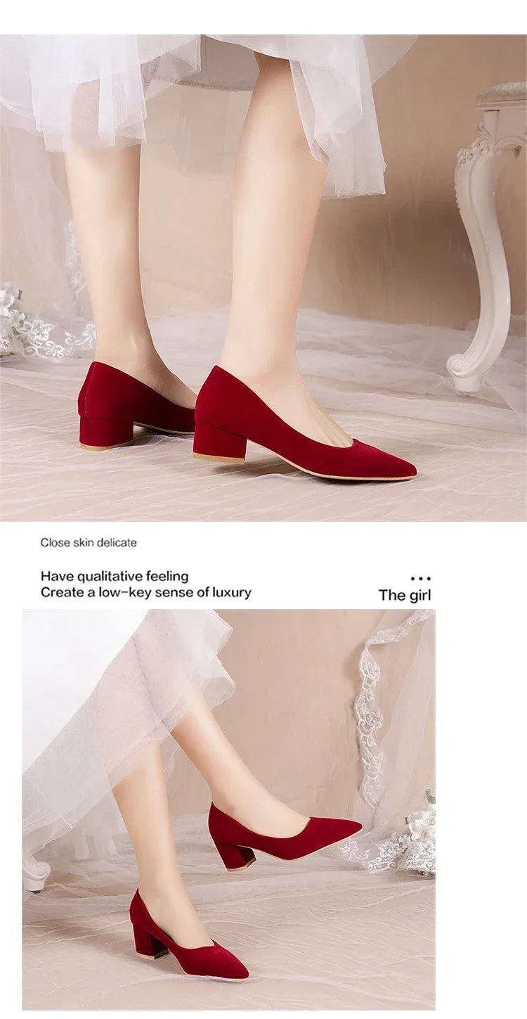 French Red Wedding Shoes for Women 2024 Spring/Summer/Autumn New Pointed Thick Heels Not Tiring Feet Bride Shoes
