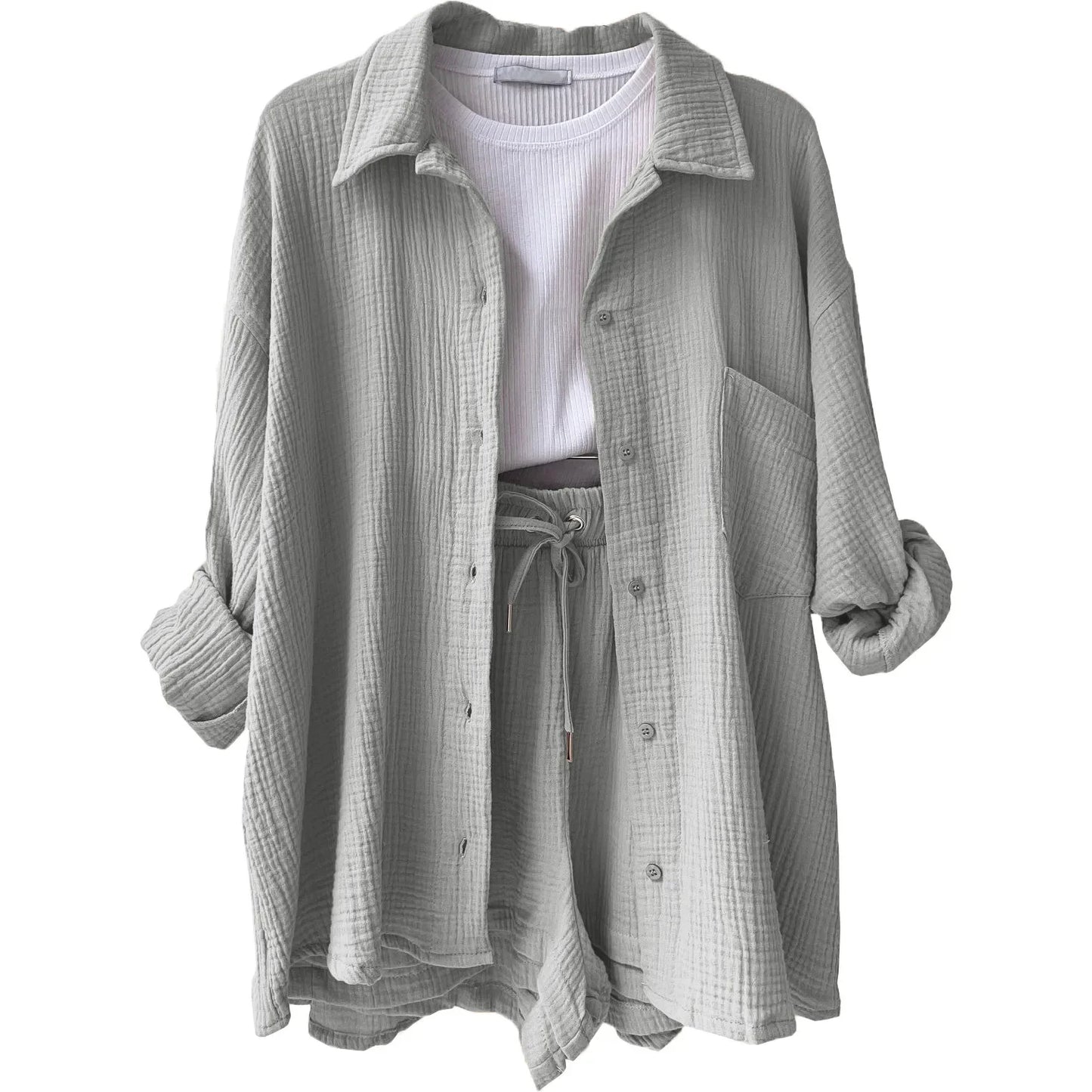 Short Sets Women Tracksuit Single Breasted Cardigan Blouses Two Pieces Shorts Loose Button High Street Solid Pockets Folds