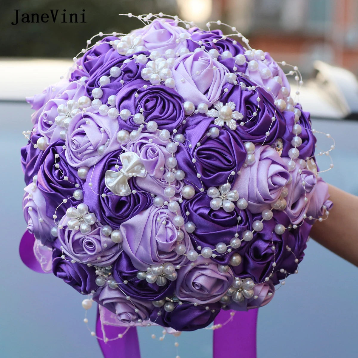 JaneVini Stunning Pearls Purple Flowers Bridal Bouquets Ribbon Handle Artificial Satin Roses Bride Bouquet Wedding Accessories