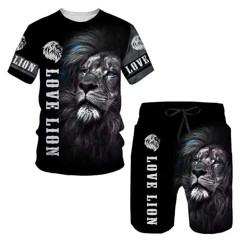 Men's Outdoor Printed T-shirt Shorts 2-piece Set 3D Printed O-neck Fashionable Men's Casual Breathable and Comfortable Set