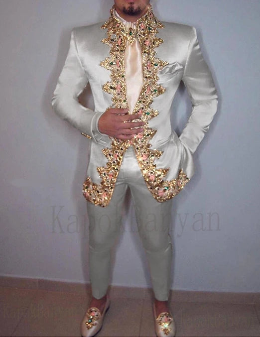 Men Suit 2020 Two Piece (Jacket+Pants+Belt) Italian Stand Collar Slim Fit Wedding Suit for Men Custom Made Embroidery Suit