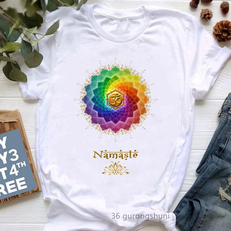 Newest Yoga Tree Print Tshirt Girls Summer Fashion Short Sleeve T Shirt Women Buddha Chakra Meditation T-Shirt Female Wholesale