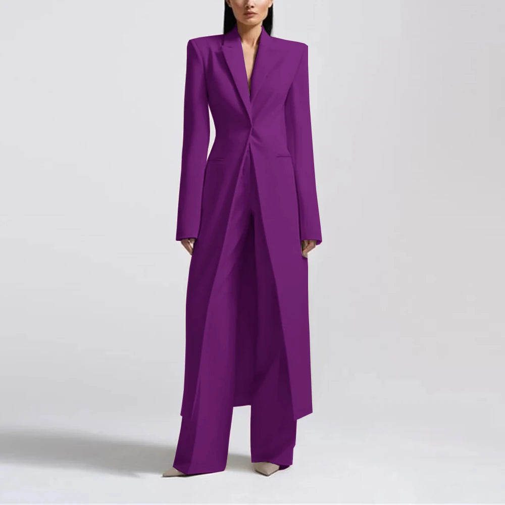 Fashion Beige Women's Blazer PantsSuit Peak Lapel Long Coat Wedding Formal Suits Office Lady Jacket Pant 2 Piece