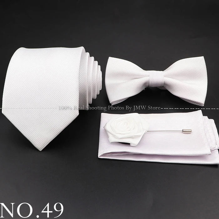 Hot Sale Red Blue Tie Set Polyester Slim Striped Necktie Bowtie Cufflink Brooch For Groom Suit Wedding Cravat Shirt Accessory
