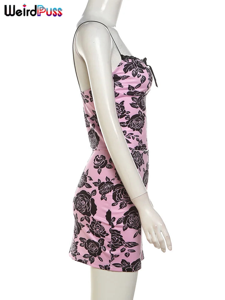 Weird Puss Flower Print Women 2 Piece Set Elegant Summer Trend Lace Bow Camisole+Peach Hip Skirts Matching Streetwear Outfits