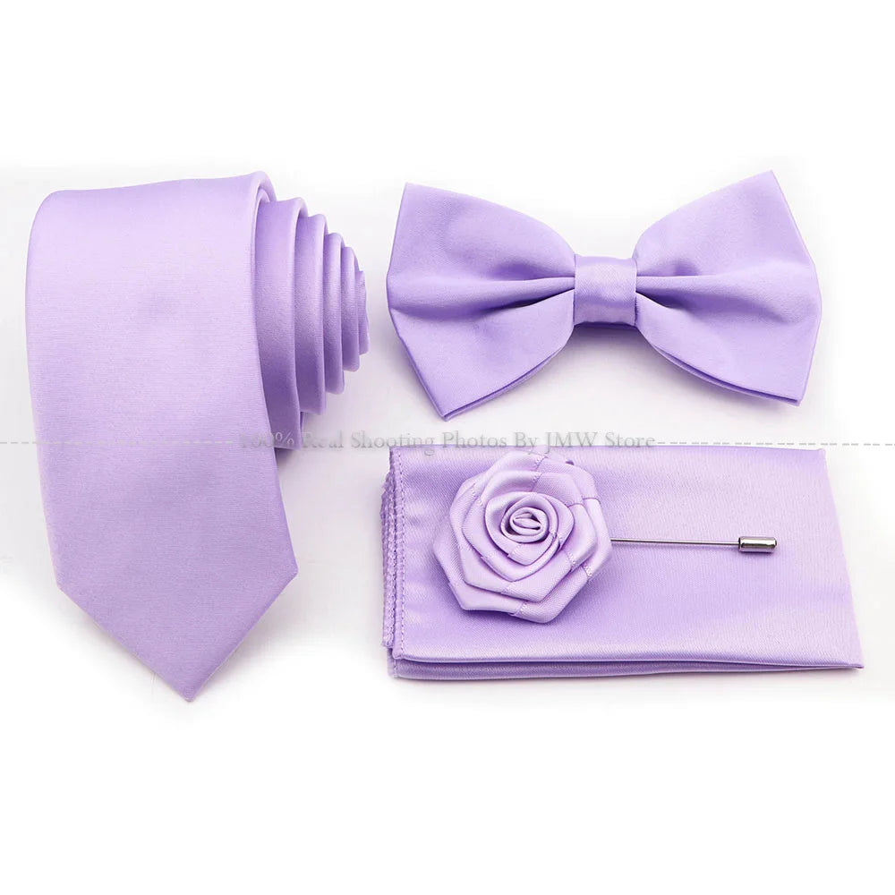 Hot Sale Purple Pink Sage Green Tie Set Polyester Necktie Bowtie Cufflink Brooch For Groom Suit Wedding Cravat Shirt Accessory