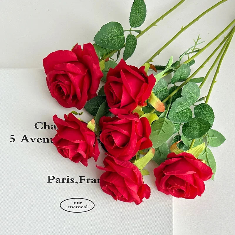 Artificial Roses Velvet Flowers with Long Stem Fake Roses Bouquet DIY for Home Vase Garden Craft Flower Wall Wedding Decoration