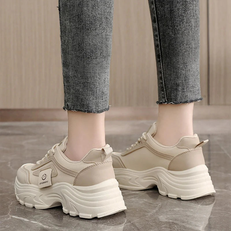 Women Sneakers Leather Height-Increasing Shoes Fashion Lace-up Casual Shoe Outdoor Vulcanized Shoe Designer Platform Women Shoes