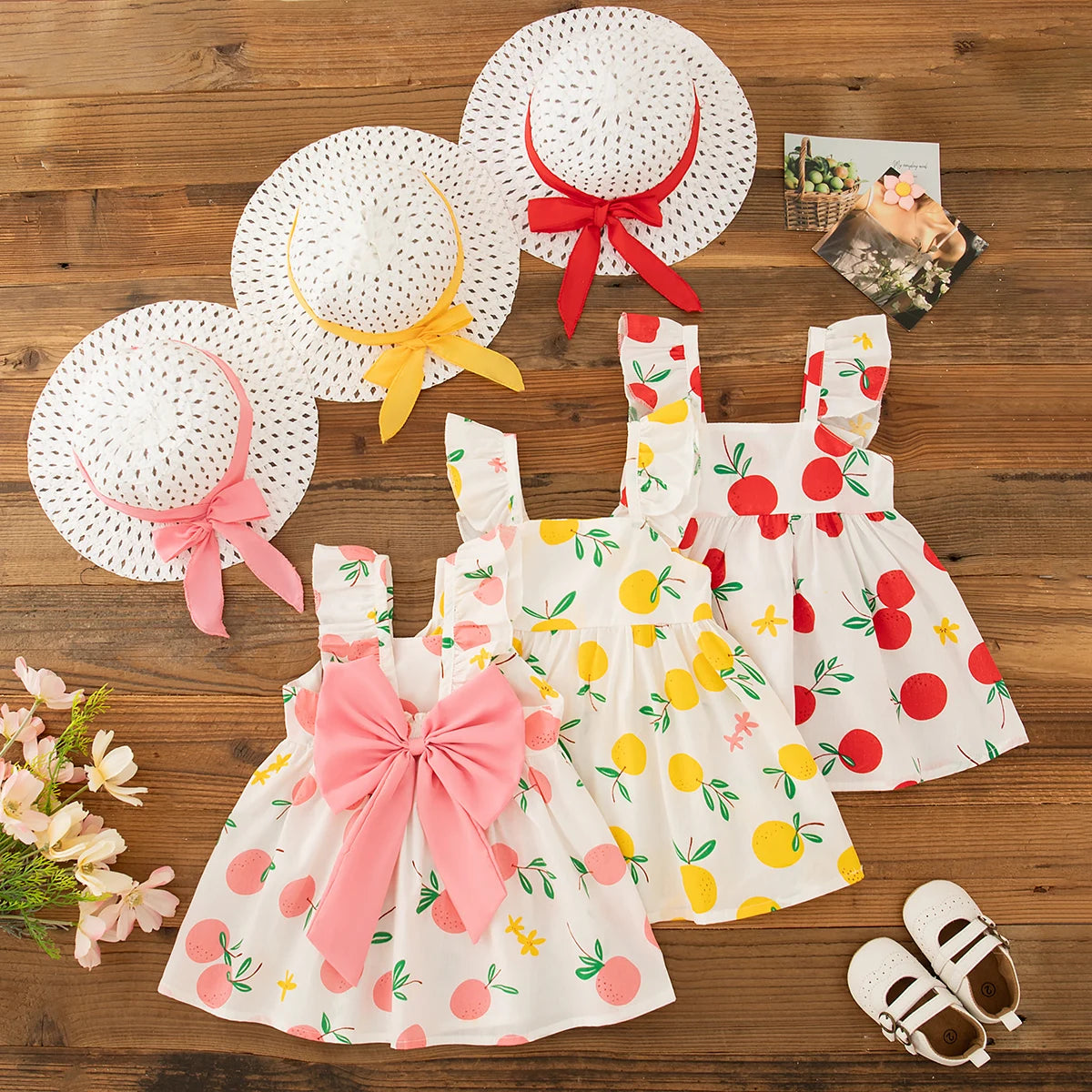Baby Girl Dresses 2 Pieces Set Princess Hat Dress Summer New Girl Clothing Fruit Printed Bow Sweet Beach Party Baby Clothing