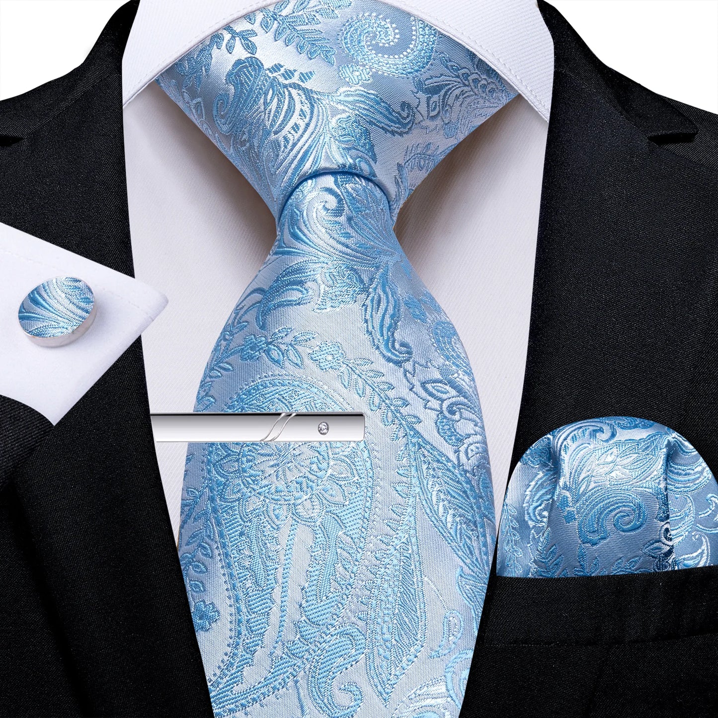 Men's Tie Set with Clip Luxury Retro Red Blue Floral 8cm Necktie Handkerchief Cufflinks Wedding Party Business Accessories Gift