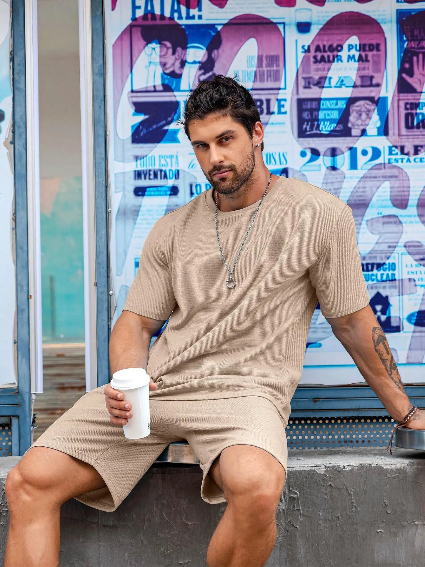 2025 Mens Summer Casual Suit Textured Printed Mixed Color Short Sleeve Outdoor Street Fashion Shorts Two Piece Pocket Loose Suit
