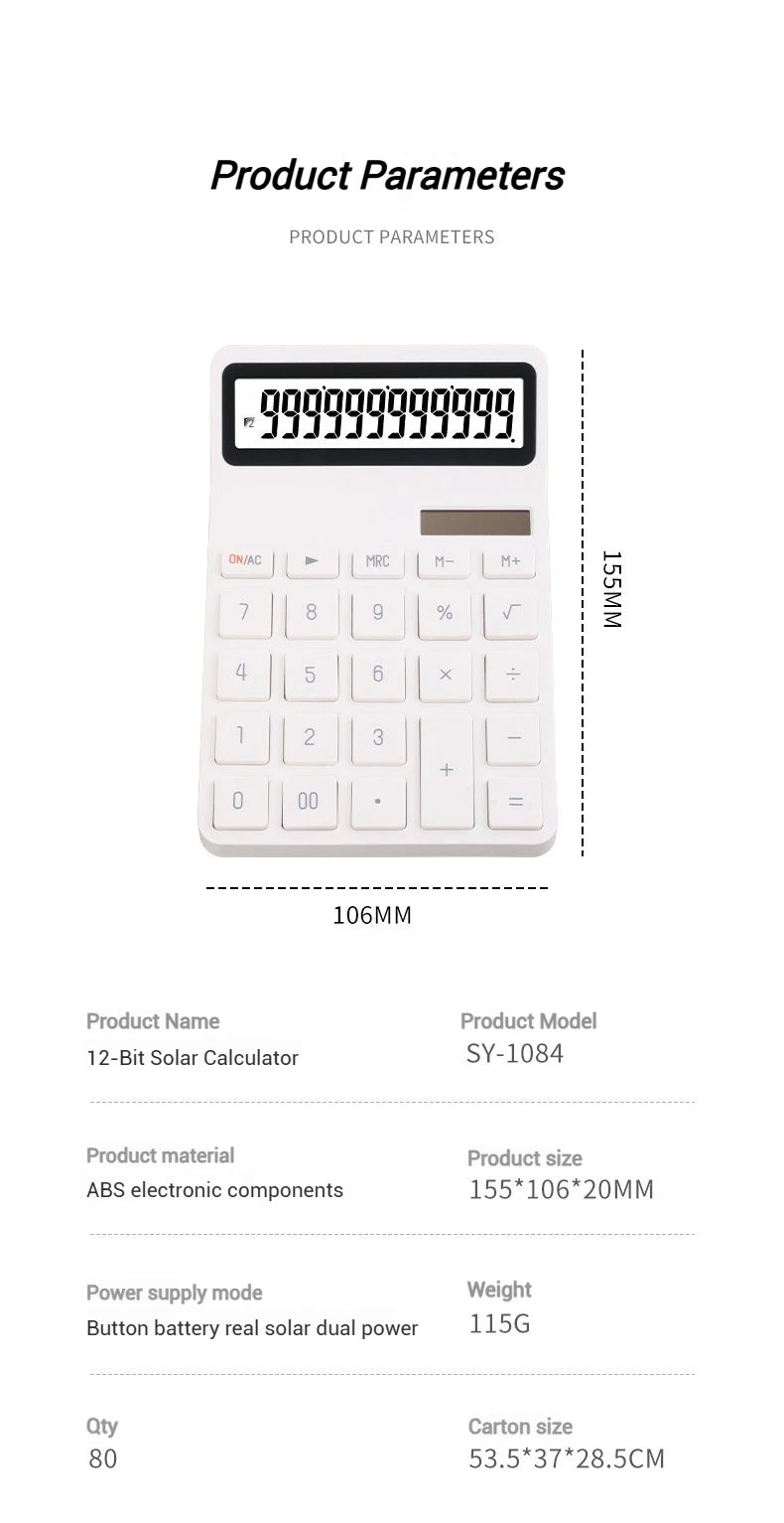 Solar Calculator with Dual Power Supply, 12 Digits, Electronic Calculator, Home, Office, School, Financial, accounting Tools