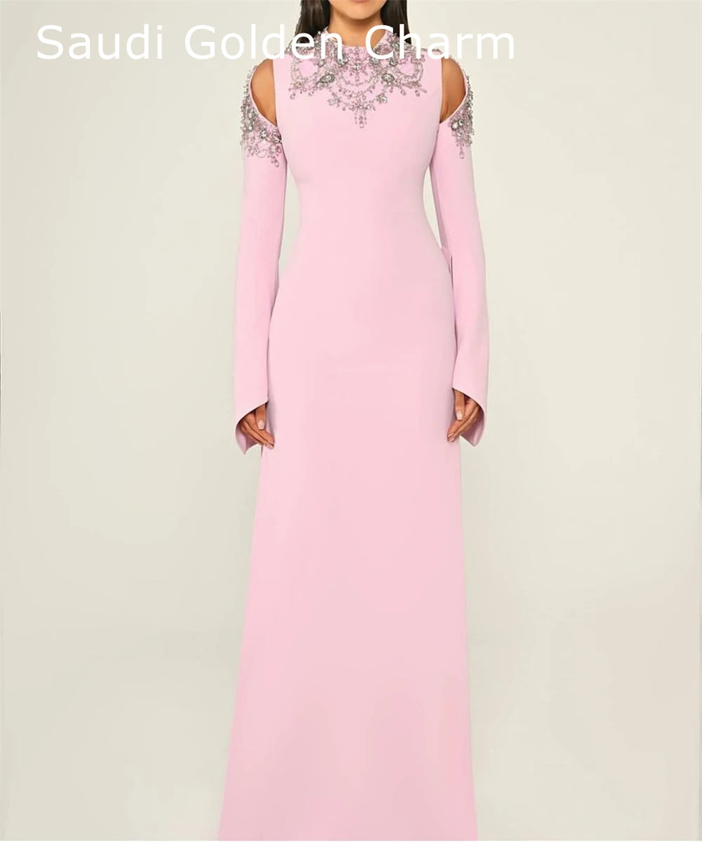customizedCustomized Formal Pink Jersey Evening Dress Temperament Crew Neck Long Sleeves Party Dress High Quality Straight Celeb