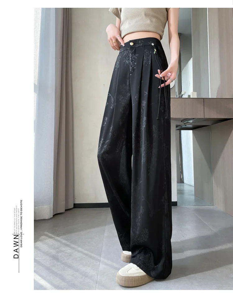 New Chinese Style Jacquard Wide Leg Satin Pants for Women Elegant Solid Office Lady Women's Casual Loose Pants Female