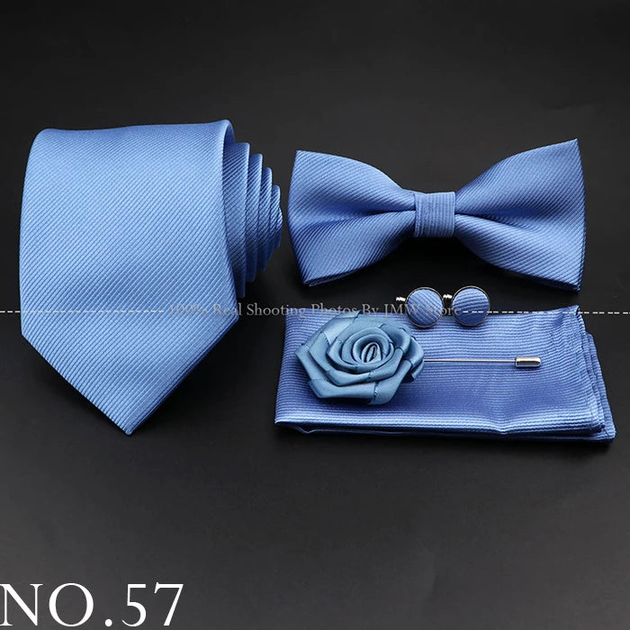 Hot Sale Red Blue Tie Set Polyester Slim Striped Necktie Bowtie Cufflink Brooch For Groom Suit Wedding Cravat Shirt Accessory