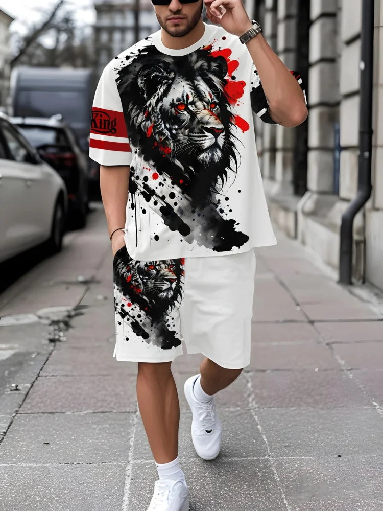 Men's Summer Short Sleeve Set Hip Hop Cartoon Bear Print Short Sleeve Top Shorts Casual Two-piece Outdoor Urban Street Fashion