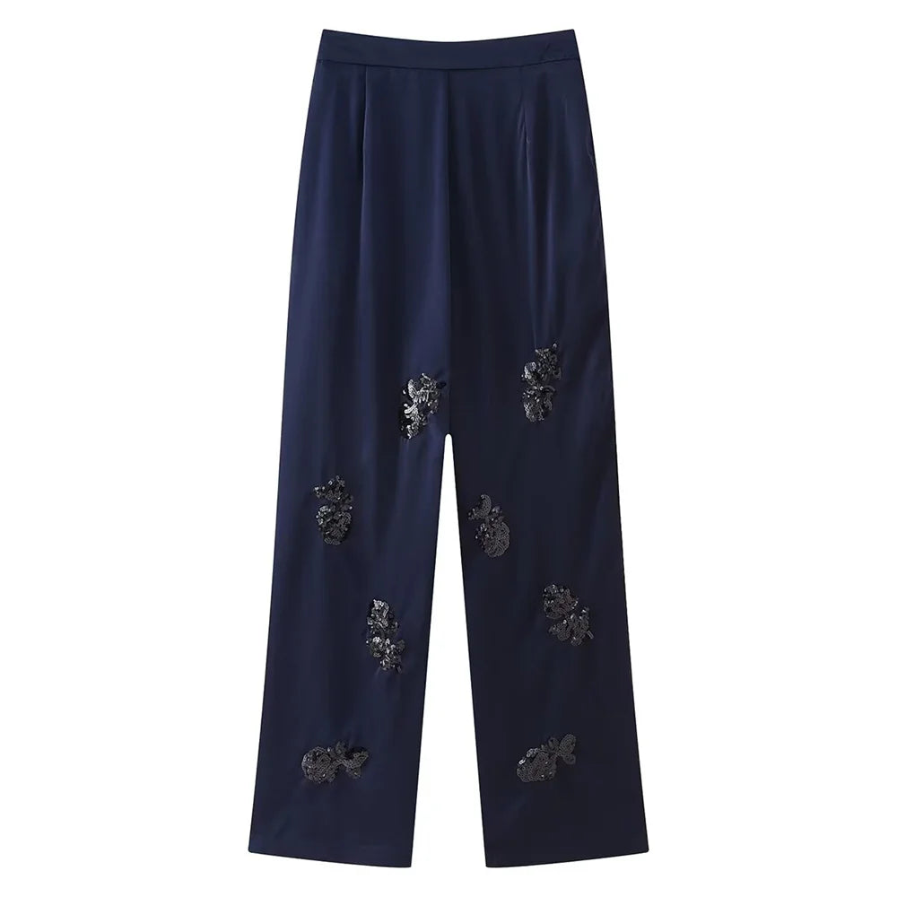 Zach Ailsa 2024 Summer New Product Women's Fashion Loose Lace up Suit Coat Beaded Silk Texture Long Pants Casual Set