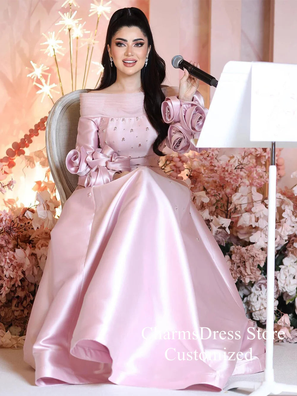 Pink Arabic Evening Dress Customized Boat Neck Flowers Long Sleeves Crystal A Line Satin Prom Gown Special Occasion Dresses