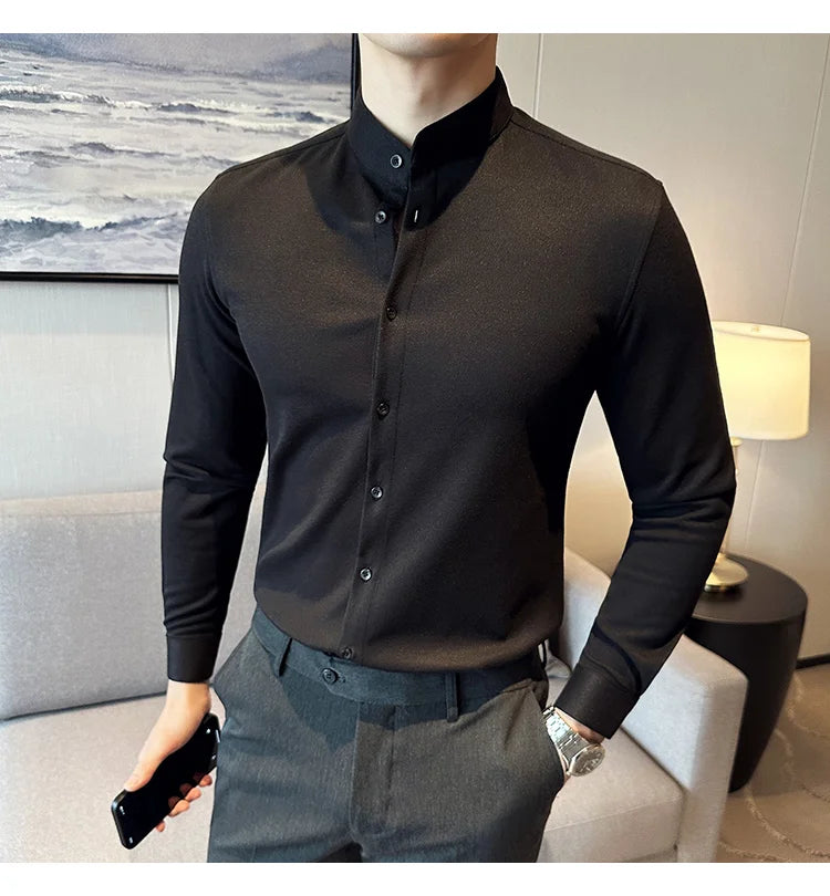 Winter Men Woolen Shirt with British Style Solid Casual Stand Up Collar Thick Warm Wool Formal Dress Shirt Fashion Men Clothing
