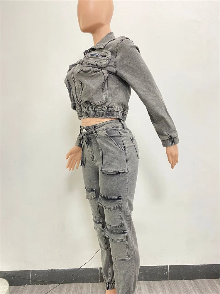 Wmstar Denim Two Piece Set Women Jacket Coat Top Jeans Cargo Pants Cool New in Winter Matching Clothes Wholesale Dropshipping