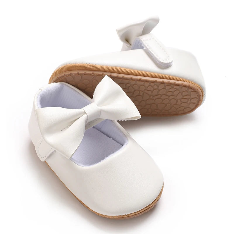VALEN SINA 0-18 Months Newborn Girl White Baptism Shoes Bow Non-slip Rubber Soft-Sole Flat PU First Walker Mary Janes