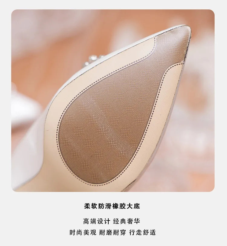 White Wedding Shoes Thick Heel Bridal Shoes Rhinestone Pointed Toe Mid-heel Large Size 41-43 Dress Shoes for Wedding Women Pumps