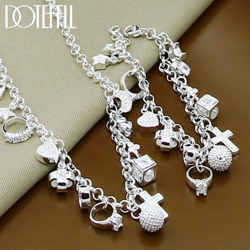 DOTEFFIL 925 Sterling Silver Heart Ball Cross Star Pendant Necklace Bracelets Set For Women Wedding Engagement Jewelry