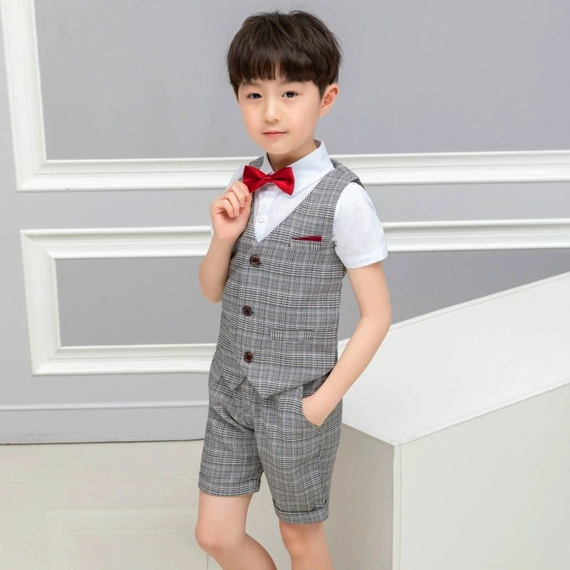 Boys Summer Vest Dress 3Pieces/Set Vest Shorts Bowtie Photograph Suit School Performance Clothing Set Children Wedding Custome