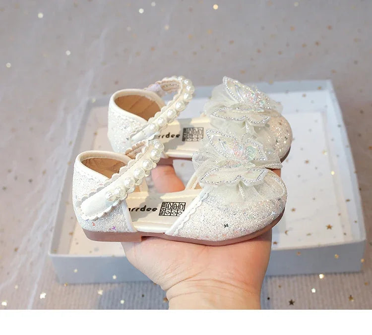 Chic Girls Dress Shoes for Wedding Party Bling Sequins with Rhinestone Butterfly Sweet Princess Chic Kids Flat Shoes Lace Beaded