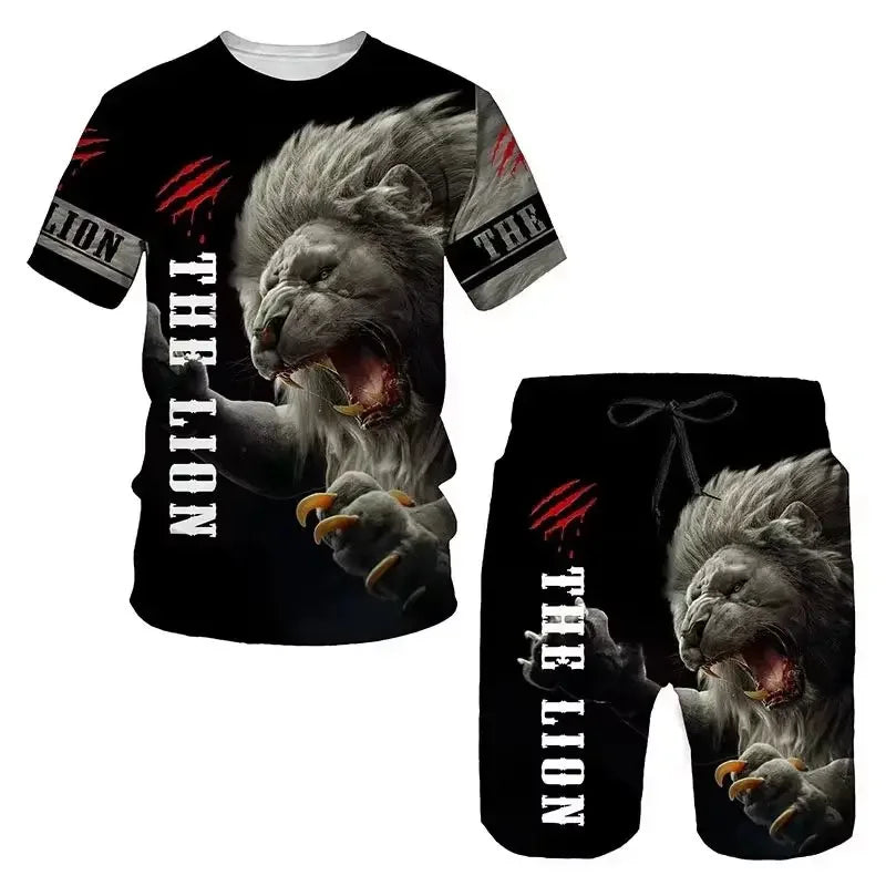 Men's Outdoor Printed T-shirt Shorts 2-piece Set 3D Printed O-neck Fashionable Men's Casual Breathable and Comfortable Set