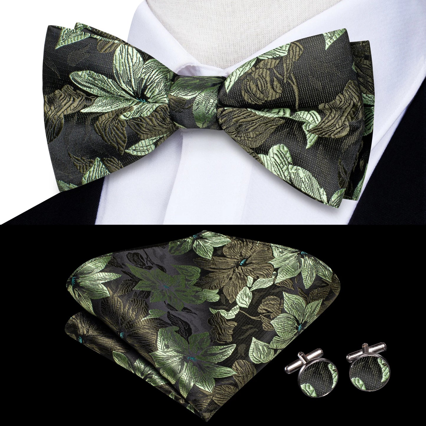 Hi-Tie Pink Dot Silk Mens Pre-tied Bow Tie Hanky Cufflink Set Dusty Pink Butterfly Knot Bowtie for Male Wedding Business