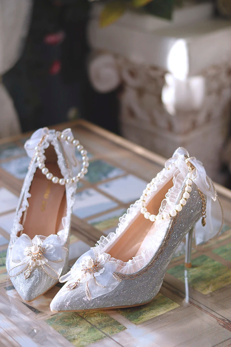 Lolita High Heels One Night Story Lolita Shoes Shiny Pointed High Heels Flower Wedding Ceremony 18 Year Old Slim Heels