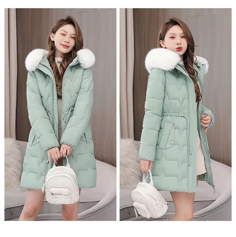 2025 New Winter Women Parka Fur Hooded Jackets Thicken Warm Cotton-padded Puffer Coat Casual Long Parkas Clothes Loose Outerwear