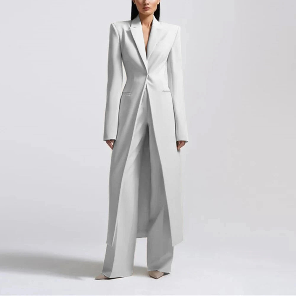 Fashion Beige Women's Blazer PantsSuit Peak Lapel Long Coat Wedding Formal Suits Office Lady Jacket Pant 2 Piece