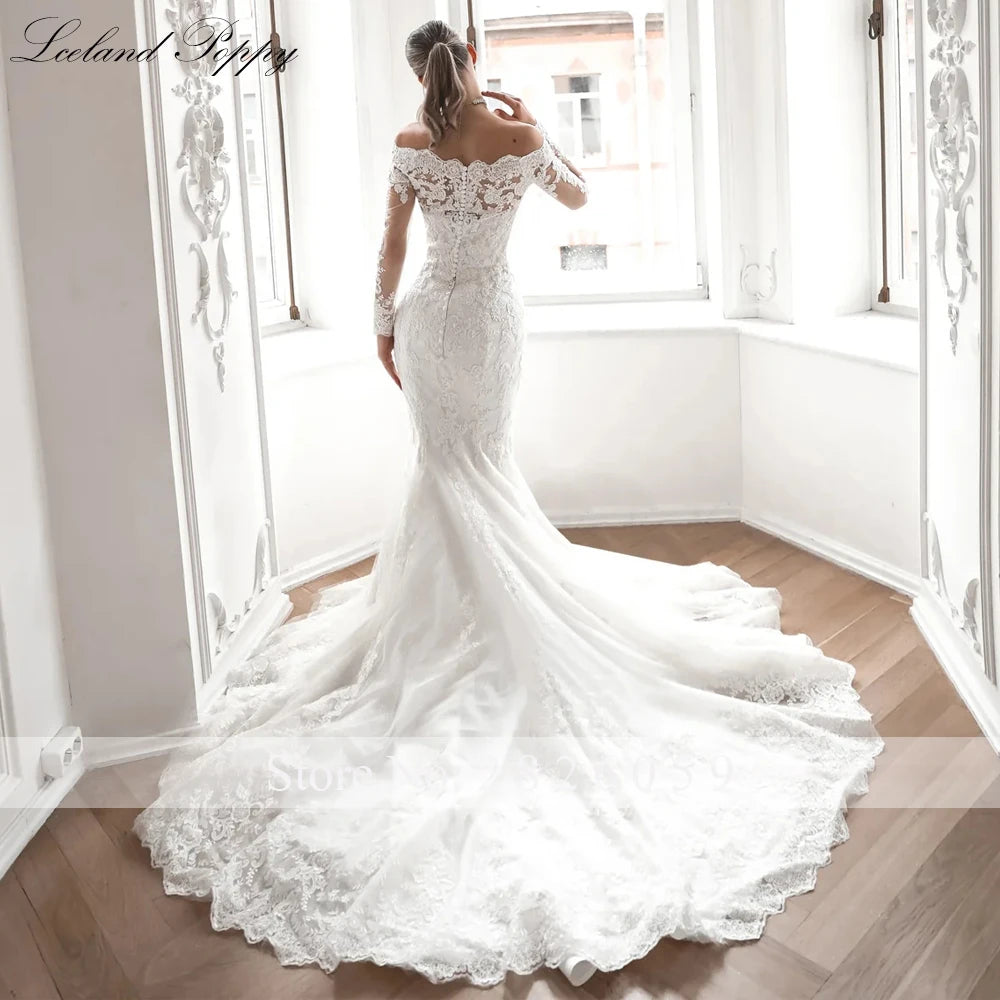 Lceland Poppy Customized Boat Neck Mermaid Lace Wedding Dresses Beaded Appliques Long Sleeves Bridal Gowns with Detachable Train