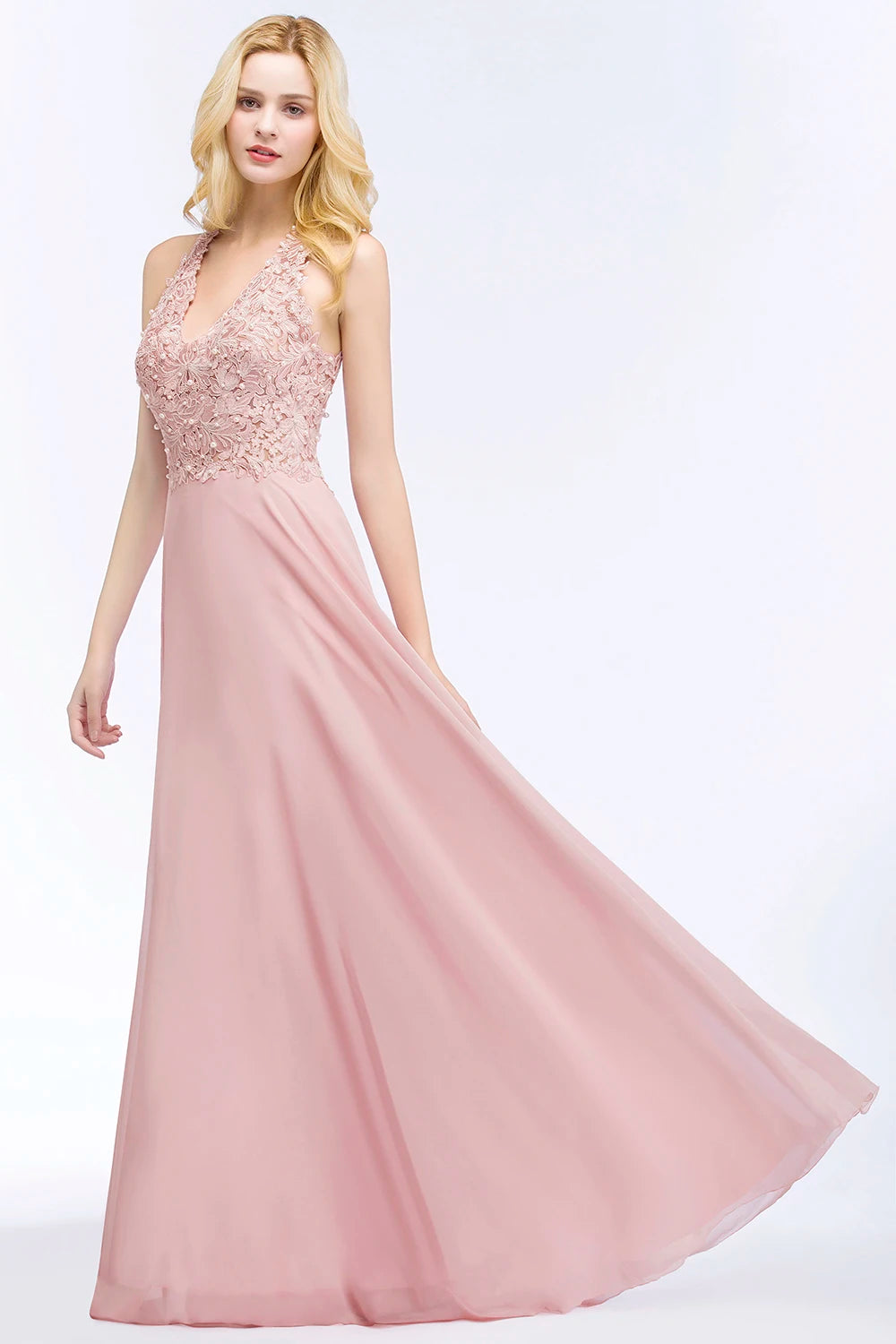 BABYONLINE Halter Neckline Lace Pearls Bodice Bridesmaid Dress Long Floor-length Skirt Chiffon Sexy Open Back Wedding Clothes