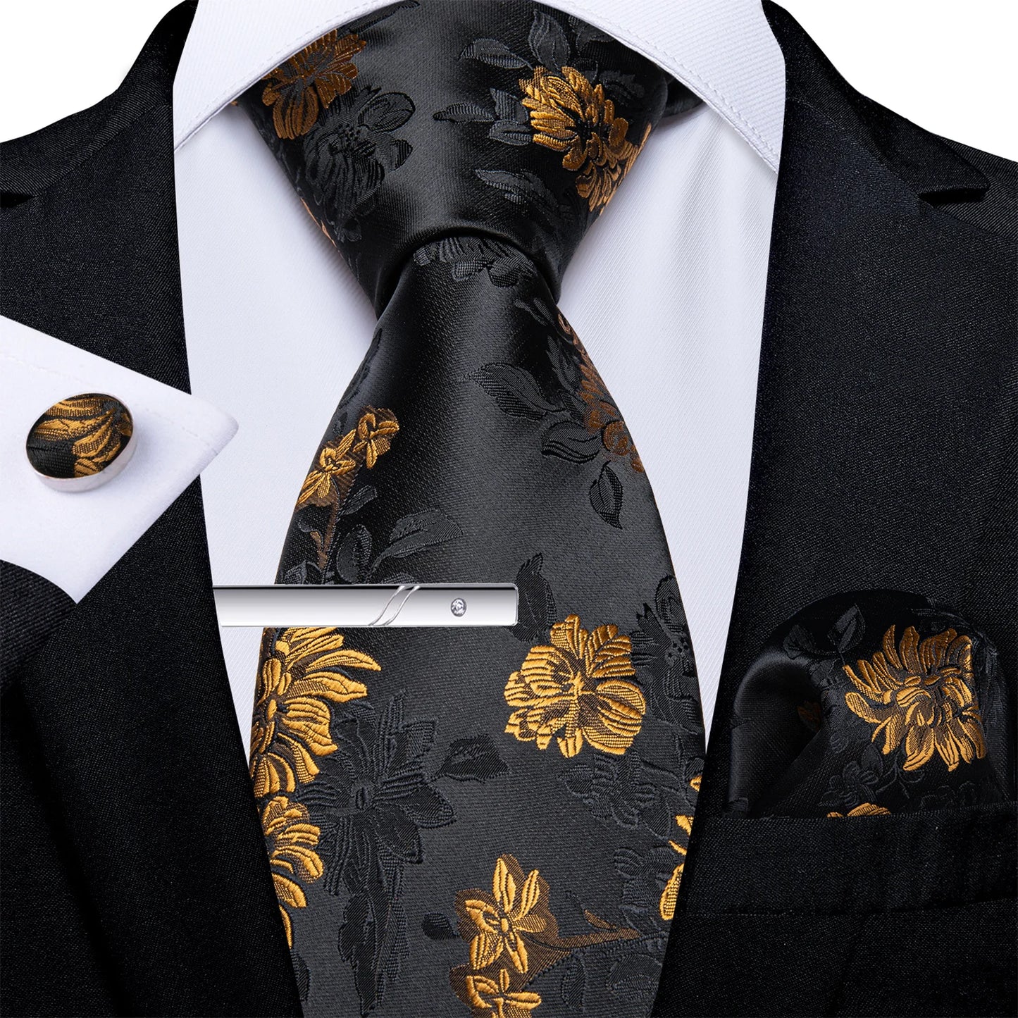 Men's Tie Set with Clip Luxury Retro Red Blue Floral 8cm Necktie Handkerchief Cufflinks Wedding Party Business Accessories Gift