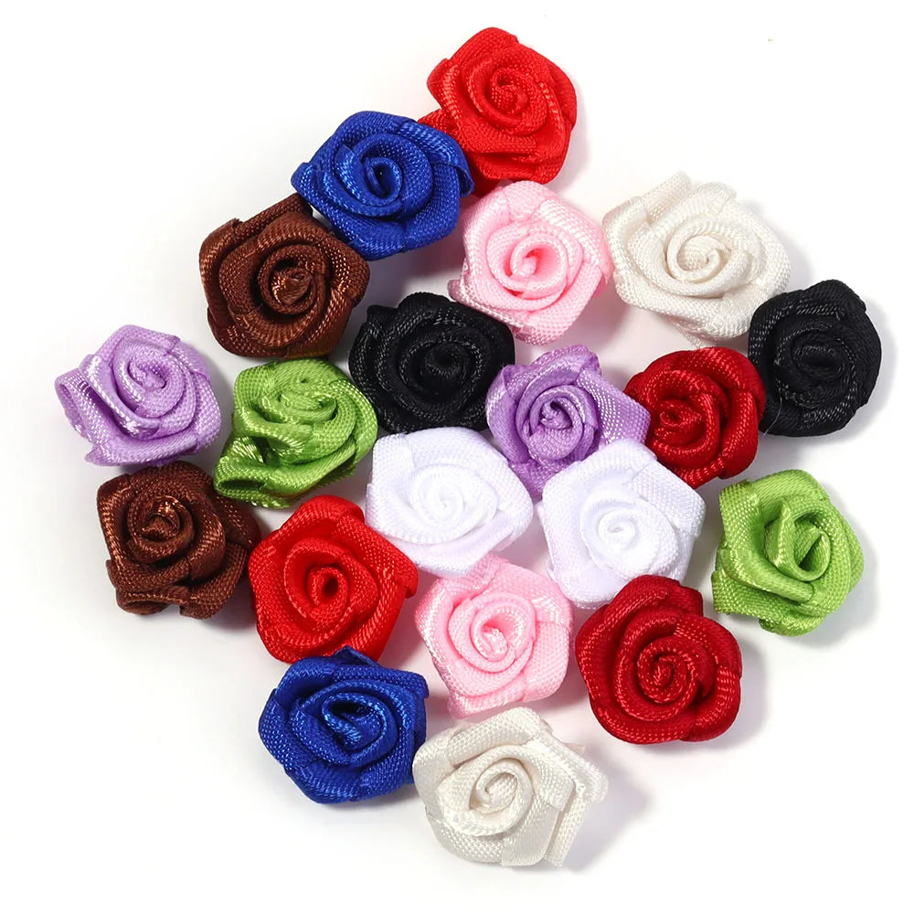 20Pcs/Lot Mini Handmade Rose Flower Satin Ribbon Rosettes Fabric Appliques For Wedding Decoration Craft Sewing Accessories