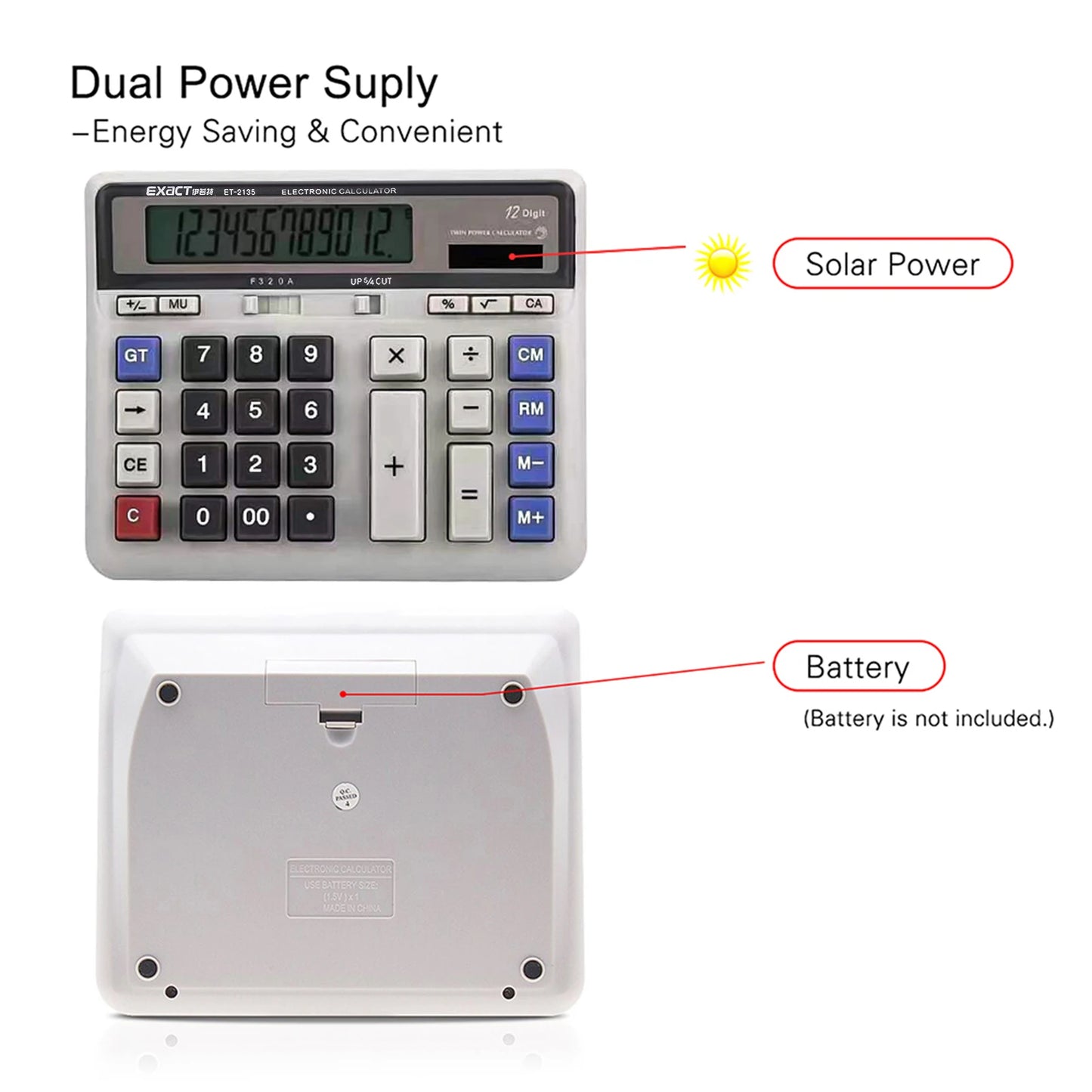 Large Computer Electronic Calculator Counter Solar & Battery Power 12 Digit Display Multi-functional Big Button for Business