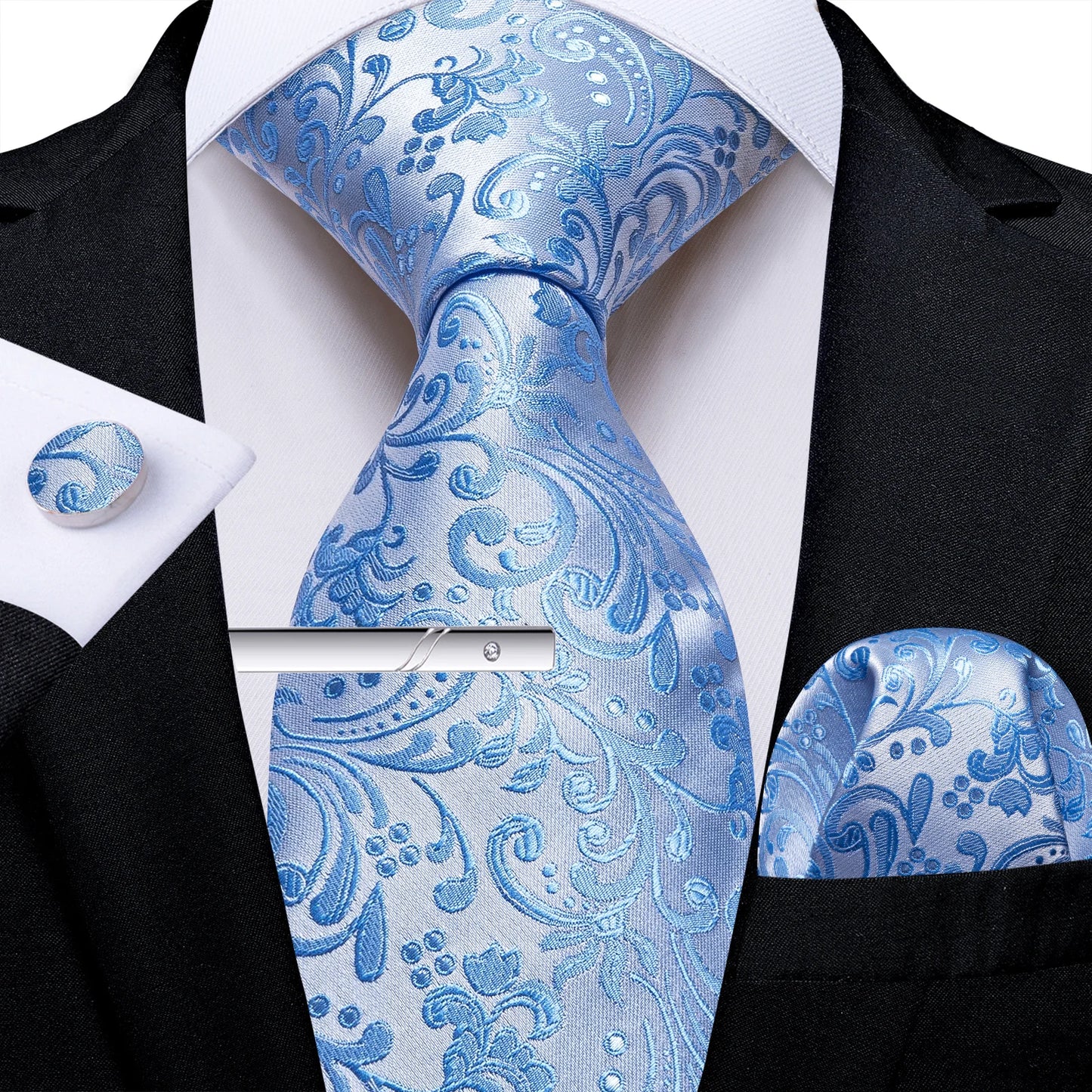 Men's Tie Set with Clip Luxury Retro Red Blue Floral 8cm Necktie Handkerchief Cufflinks Wedding Party Business Accessories Gift