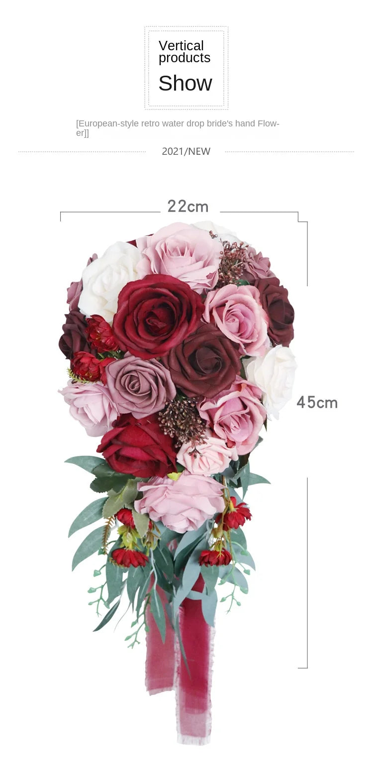 45X22CM Artificial Flower Bundle Bride Water Drops Holding Flowers Wedding Supplies Rose Silk Flower Wedding Photography Props