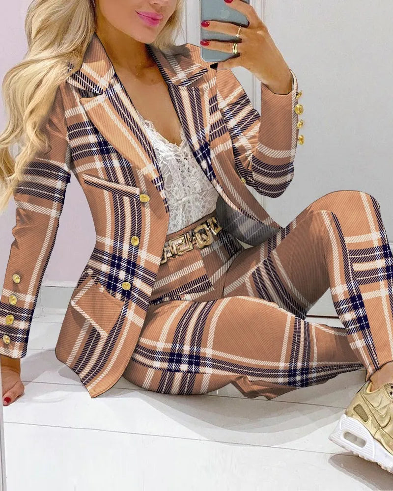 Fashion Butterfly Print Blazer Suit and Pants Two Piece Set for Women 2023 Autumn Winter Outfit Office Lady Casual Clothing