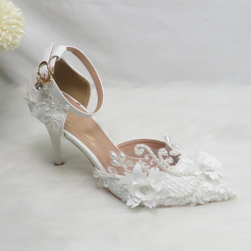 BaoYaFang White Flower Pumps New arrival womens wedding shoes Bride High heels platform shoes for woman ladies party dress shoes