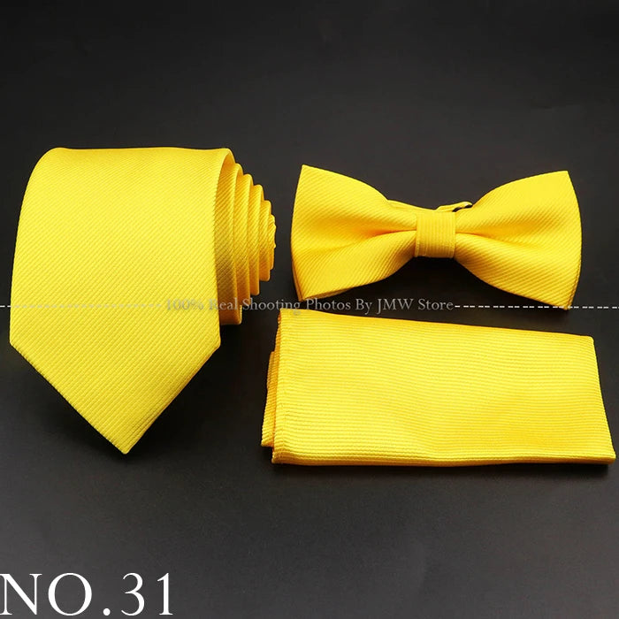 Hot Sale Red Blue Tie Set Polyester Slim Striped Necktie Bowtie Cufflink Brooch For Groom Suit Wedding Cravat Shirt Accessory