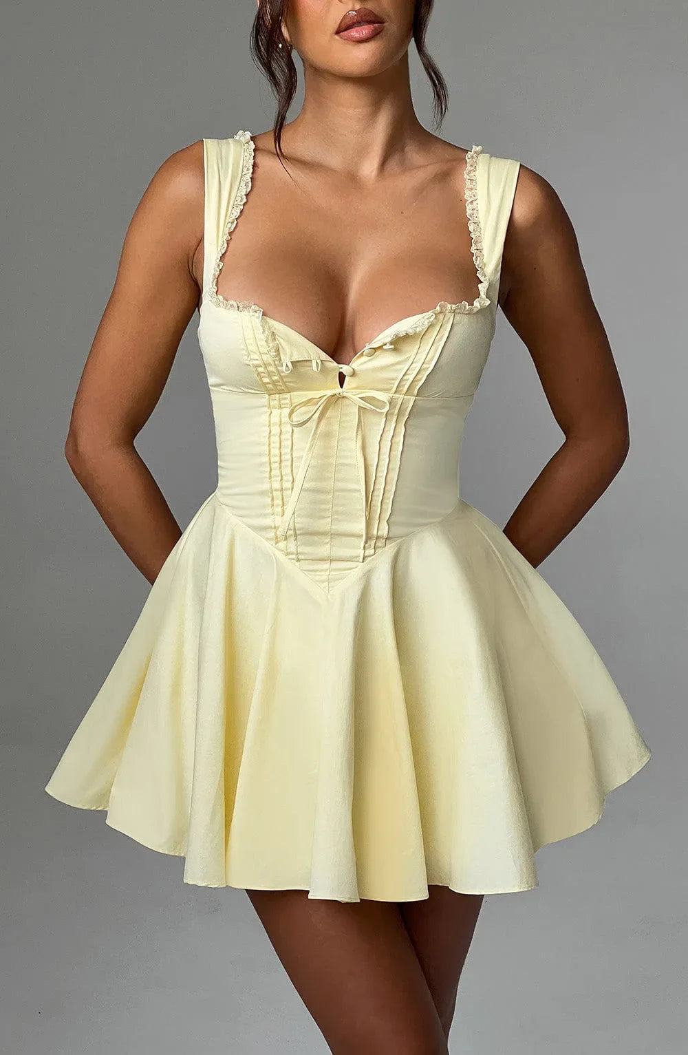 Women's Hot Girl Sweetheart Neck Dress Sexy Lace Splicing A-Line Dress 2025 Spring Summer Female Sweet Girl Solid Color Dress